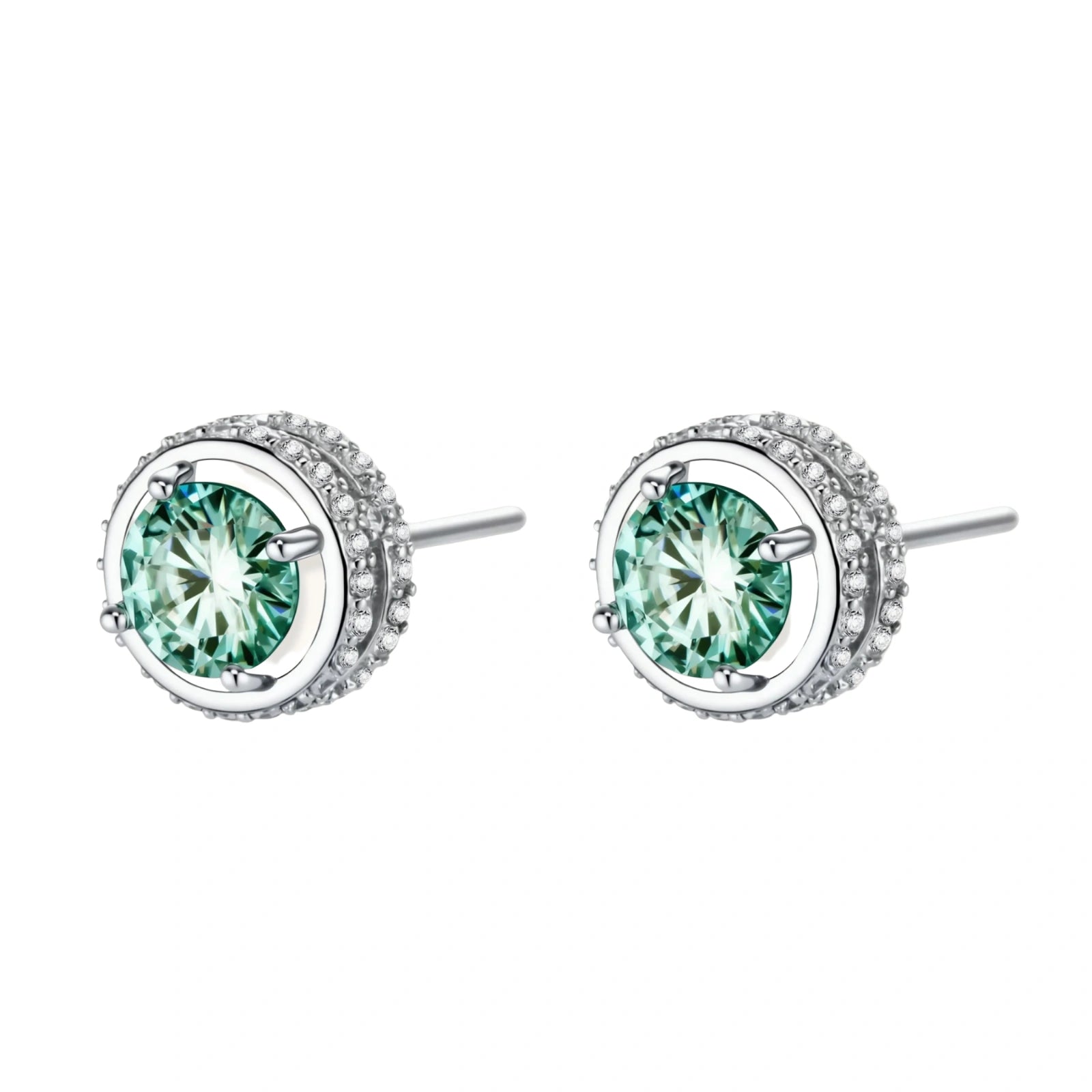 Round green moissanite stud earrings in sterling silver halo settings with brilliant sparkle on white background.