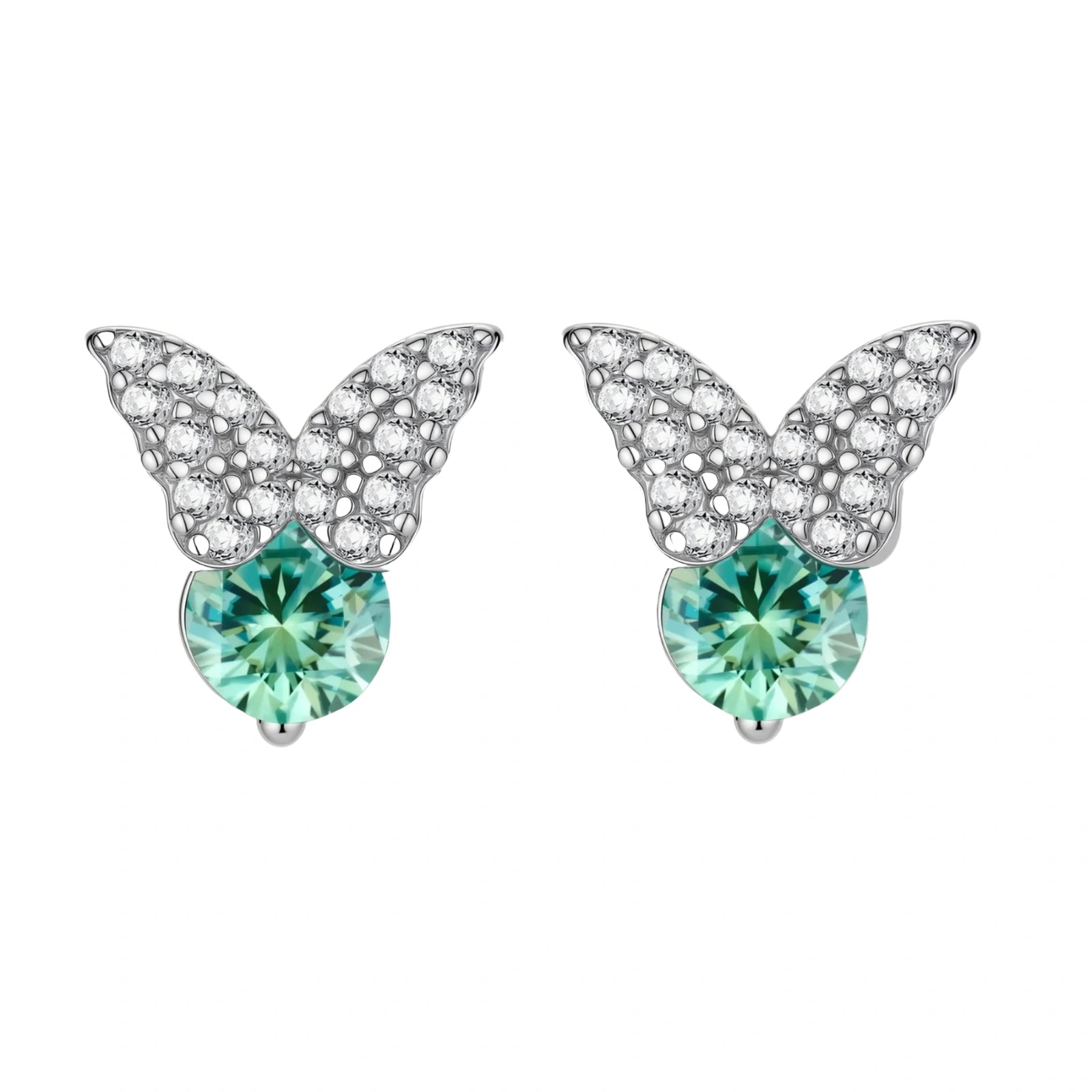Sterling silver butterfly stud earrings with crystal wings and mint green center stones on cream background.