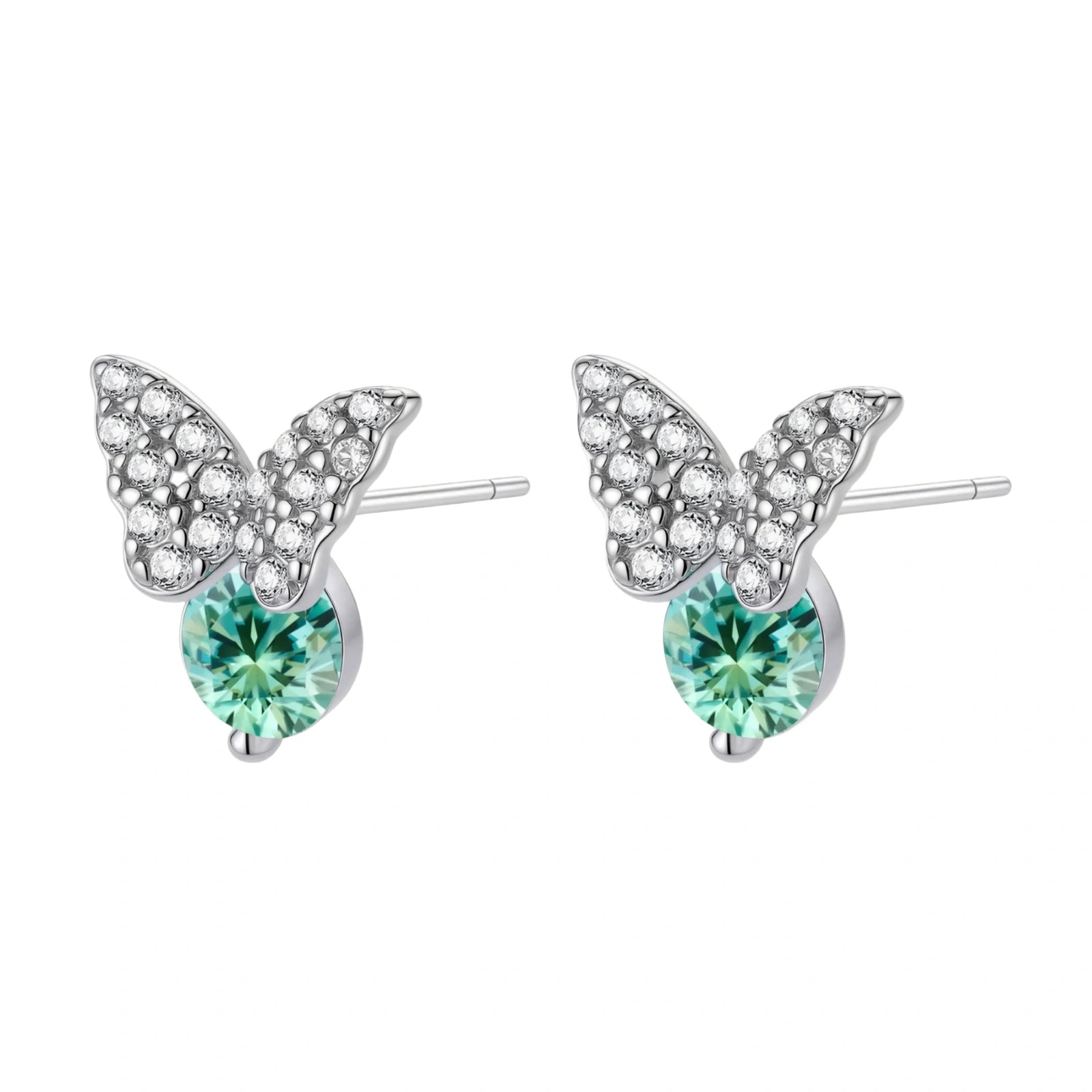 Sterling silver butterfly stud earrings with crystal wings and mint green center stones on cream background.