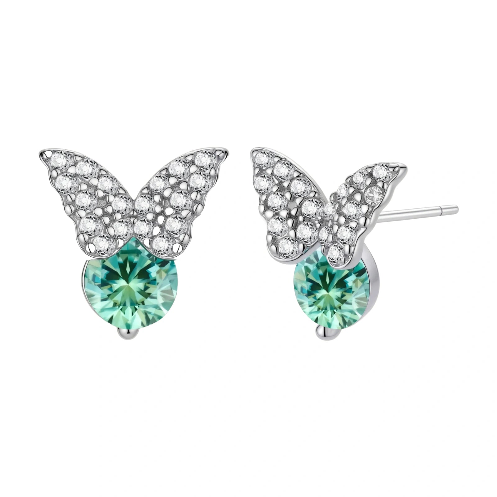 Sterling silver butterfly stud earrings with crystal wings and mint green center stones on cream background.