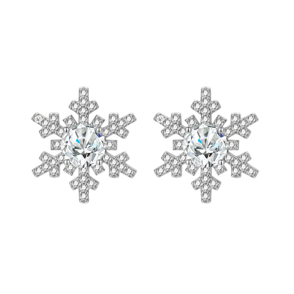 Sterling silver snowflake stud earrings with brilliant moissanite centers and intricate geometric patterns on cream background