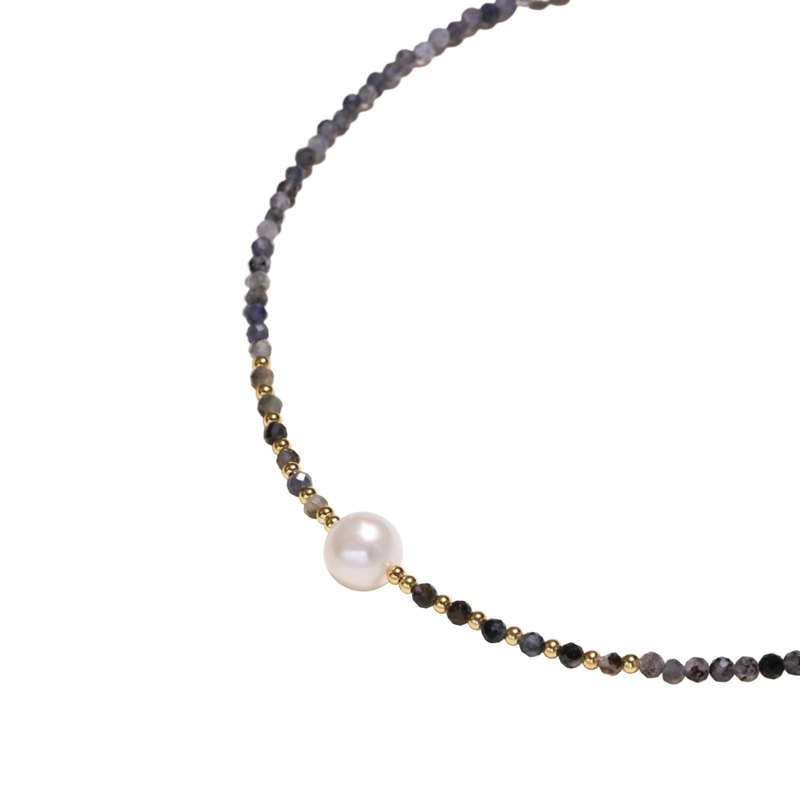 Dainty necklace with faceted purple iolite beads, gold vermeil accents, and central pink-white freshwater pearl.