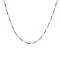 Delicate 18K gold vermeil necklace with alternating lavender zirconia beads and white freshwater pearls on cream background