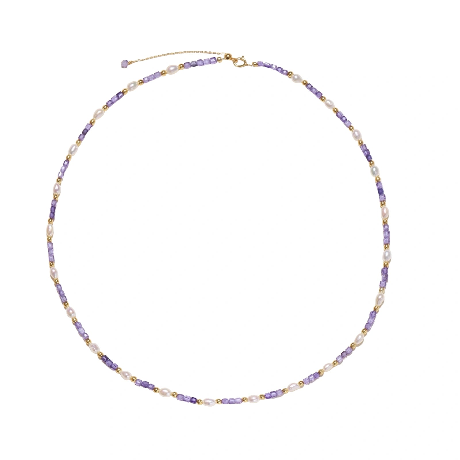 Delicate 18K gold vermeil necklace with alternating lavender zirconia beads and white freshwater pearls on cream background