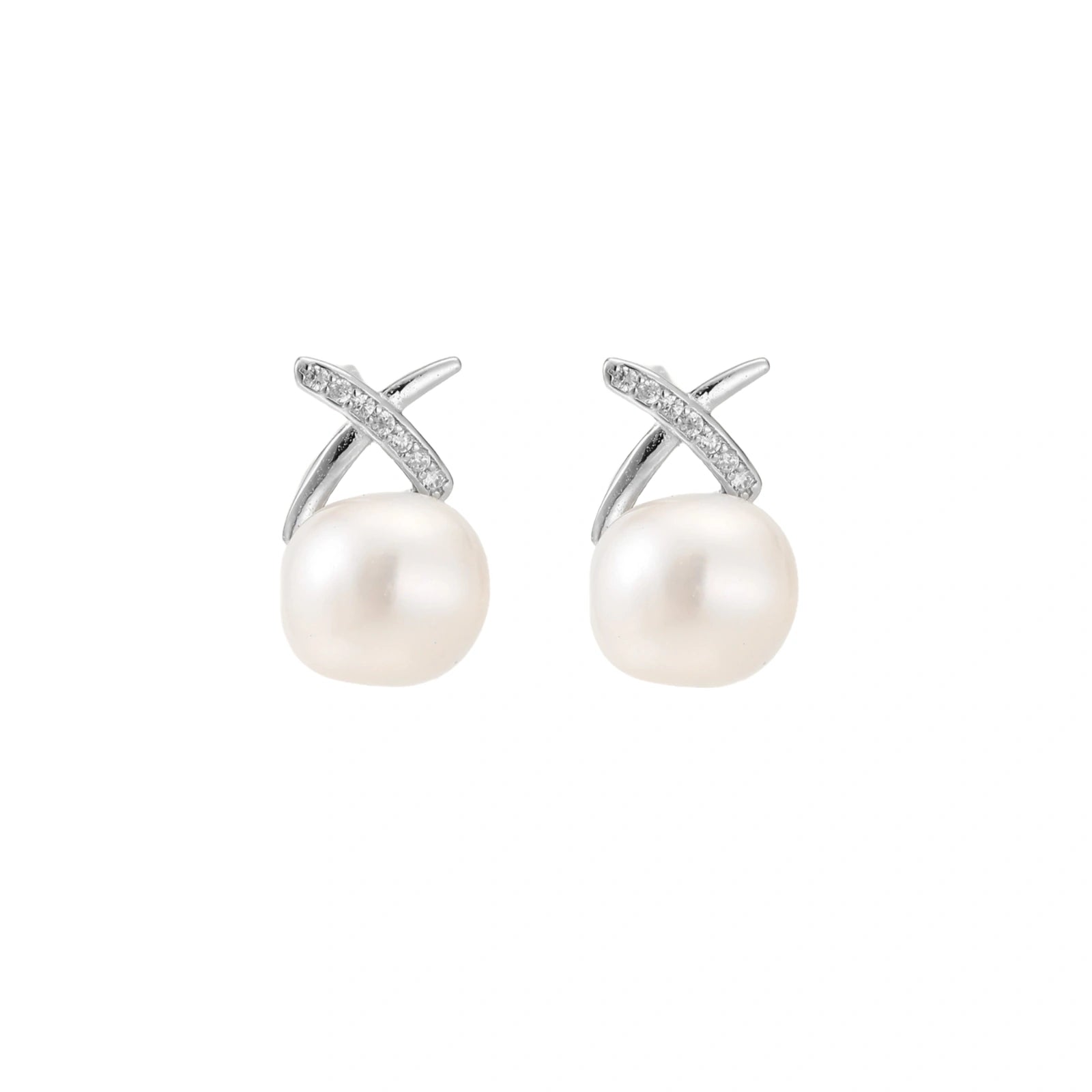 Rhodium-plated silver stud earrings with sparkling X design above lustrous round freshwater pearls on white background.