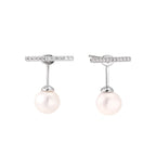 Rhodium-plated sterling silver ear jacket earrings with diamond-set horizontal bar and freshwater pearl drop