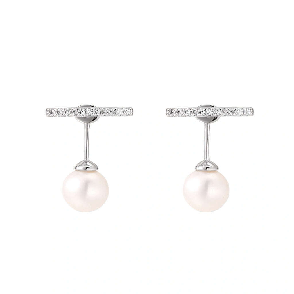 Rhodium-plated sterling silver ear jacket earrings with diamond-set horizontal bar and freshwater pearl drop