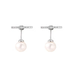 Rhodium-plated sterling silver ear jacket earrings with diamond-set horizontal bar and freshwater pearl drop