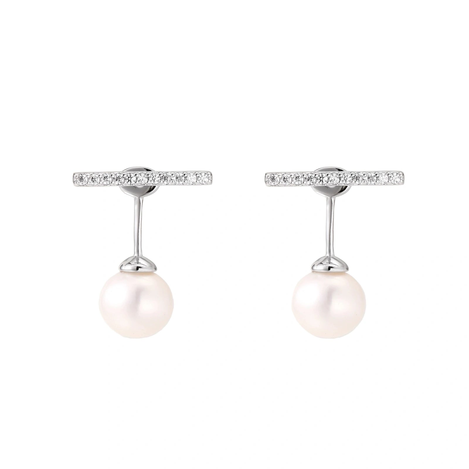 Rhodium-plated sterling silver ear jacket earrings with diamond-set horizontal bar and freshwater pearl drop