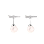 Rhodium-plated sterling silver ear jacket earrings with diamond-set horizontal bar and freshwater pearl drop