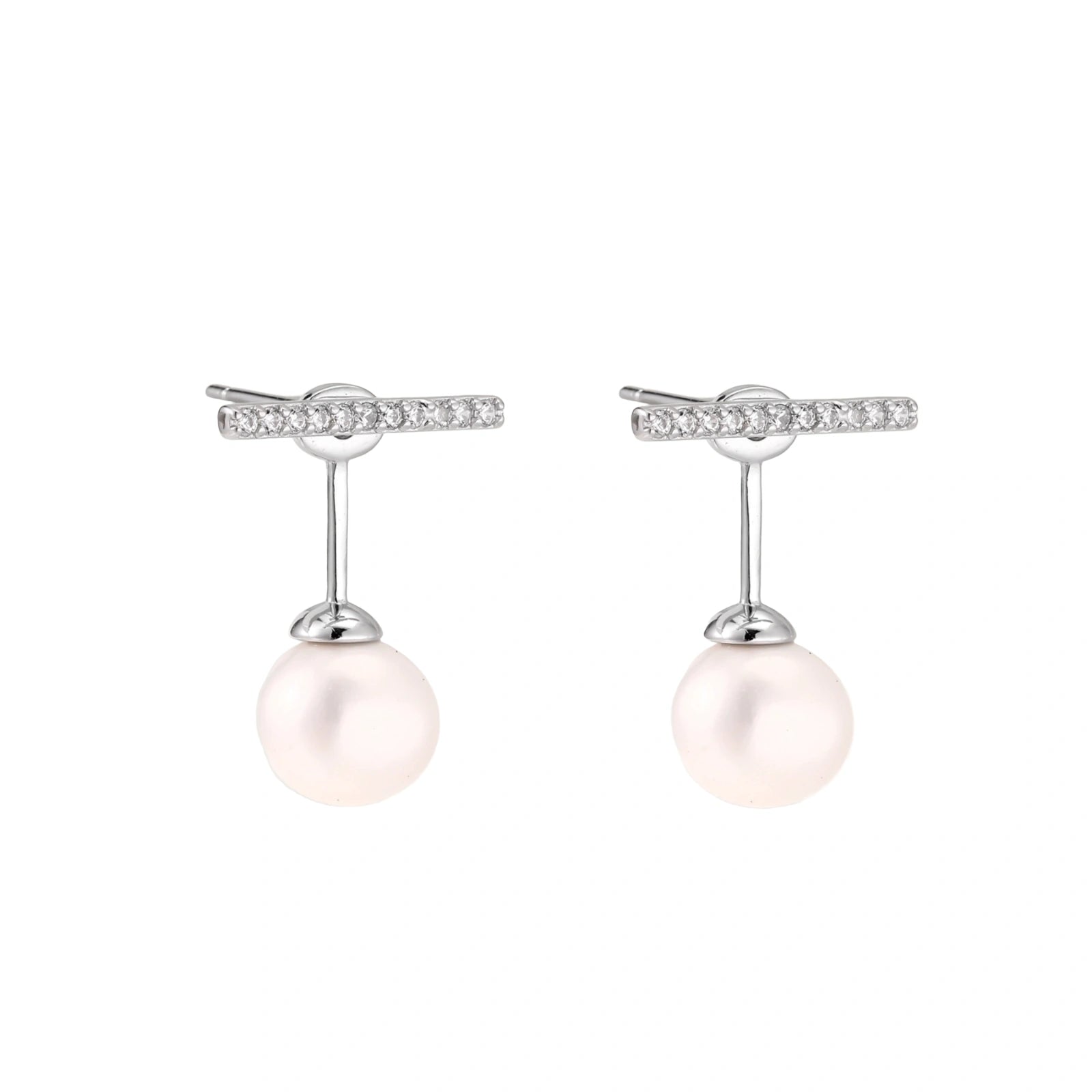 Rhodium-plated sterling silver ear jacket earrings with diamond-set horizontal bar and freshwater pearl drop