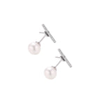 Rhodium-plated sterling silver ear jacket earrings with diamond-set horizontal bar and freshwater pearl drop