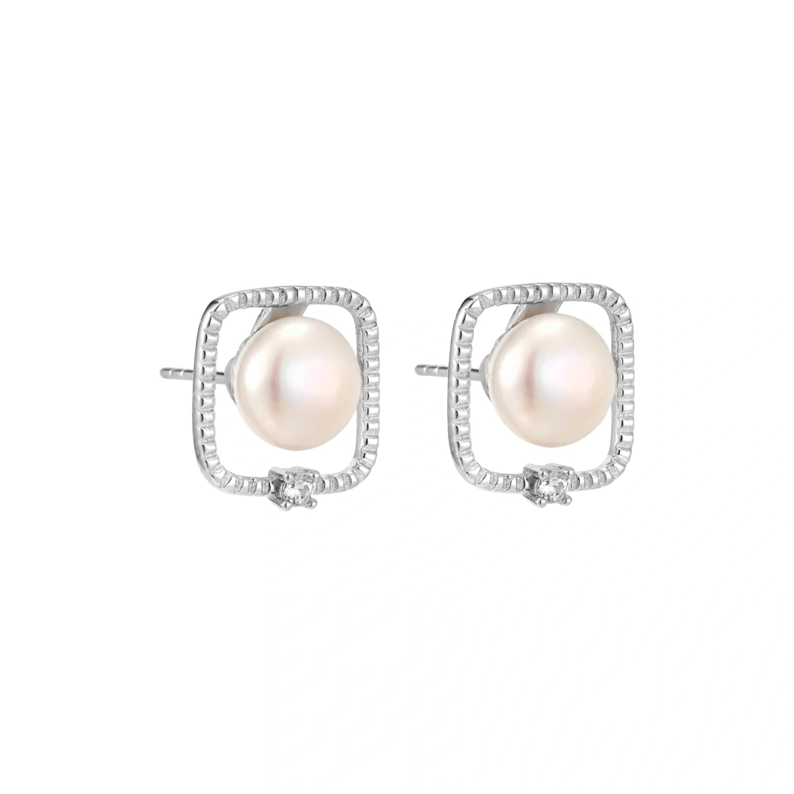 Rhodium-plated silver stud earrings with cushion frame, centered freshwater pearl, and tiny crystal accent
