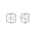 Rhodium-plated silver stud earrings with cushion frame, centered freshwater pearl, and tiny crystal accent