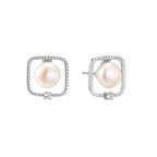 Rhodium-plated silver stud earrings with cushion frame, centered freshwater pearl, and tiny crystal accent