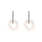 Rhodium-plated silver hoop earrings with freshwater pearls arranged in crescent formation and diamond accents