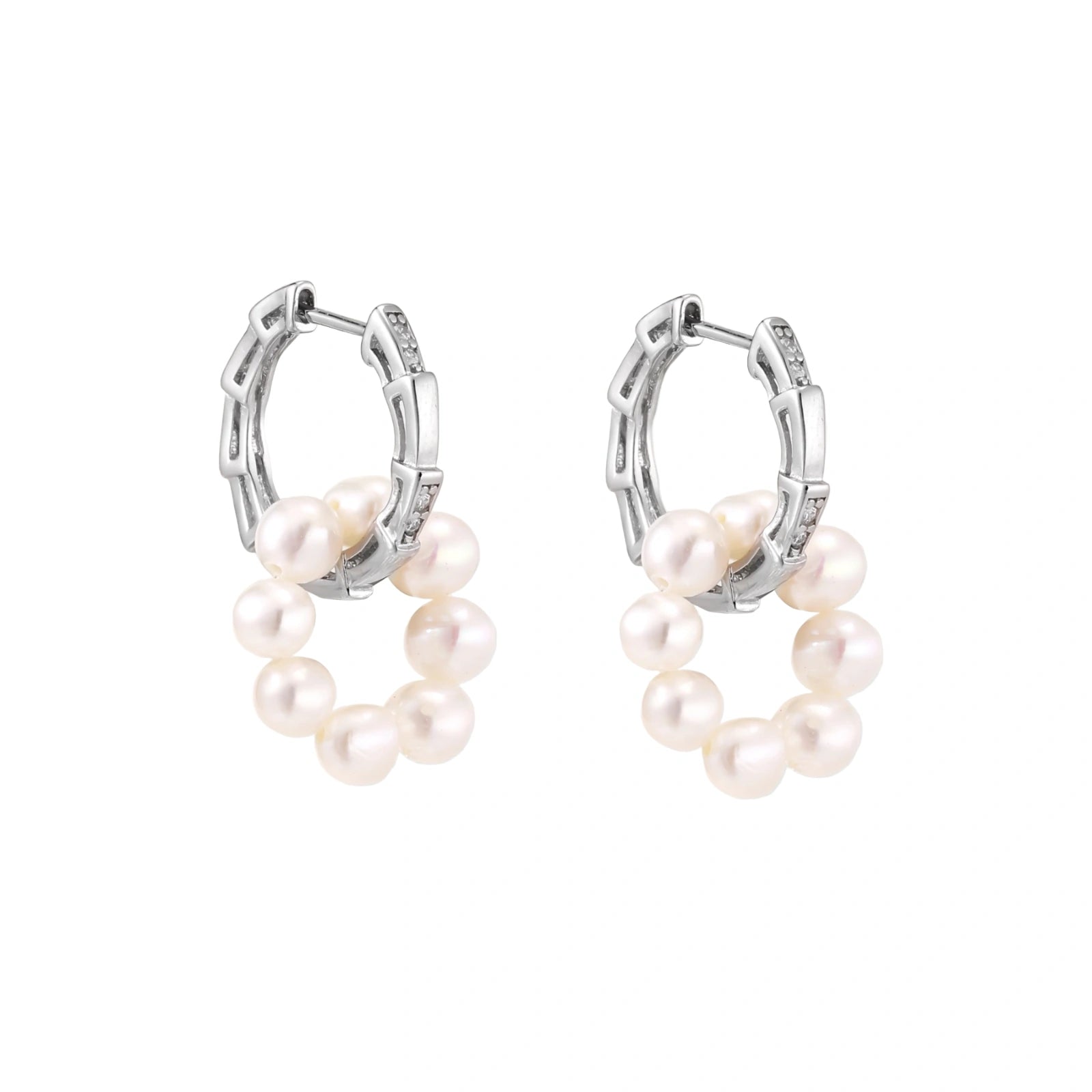 Rhodium-plated silver hoop earrings with freshwater pearls arranged in crescent formation and diamond accents