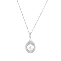 Oval sterling silver pendant with crystal halo surrounding a white freshwater pearl on delicate chain