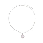 Cushion-shaped double halo pendant with 10mm freshwater pearl center on rhodium-plated sterling silver chain