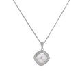 Cushion-shaped double halo pendant with 10mm freshwater pearl center on rhodium-plated sterling silver chain