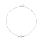 Dainty rhodium-plated silver chain necklace with centered 10mm freshwater pearl and crystal accents on cream background