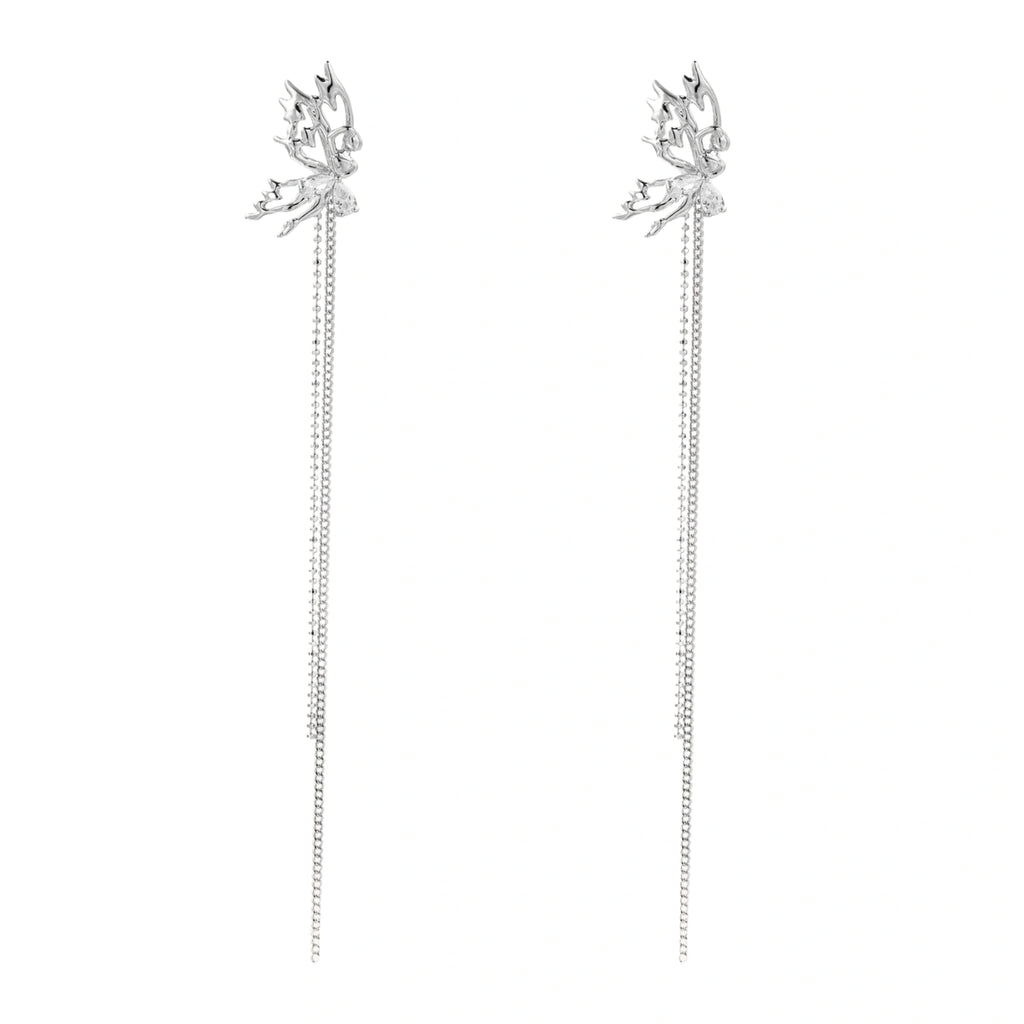 Silver-toned threader earrings featuring detailed fairy figure with wings and dual delicate chain strands, zirconia accents