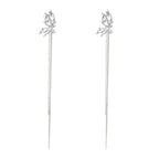 Silver-toned threader earrings featuring detailed fairy figure with wings and dual delicate chain strands, zirconia accents