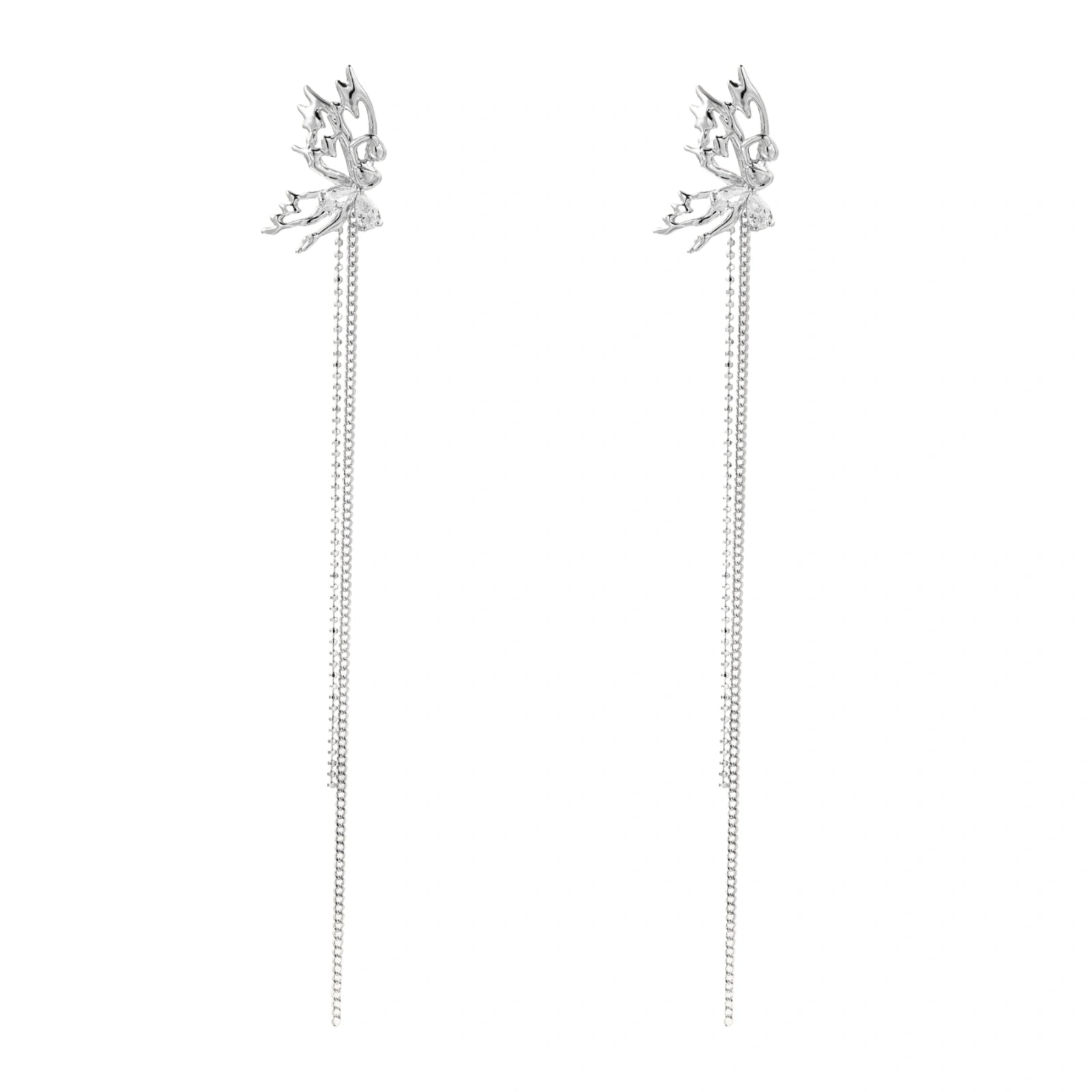 Silver-toned threader earrings featuring detailed fairy figure with wings and dual delicate chain strands, zirconia accents