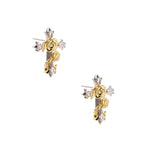 Two-tone cross earrings with gold roses and clear crystals on silver base, gothic romantic style