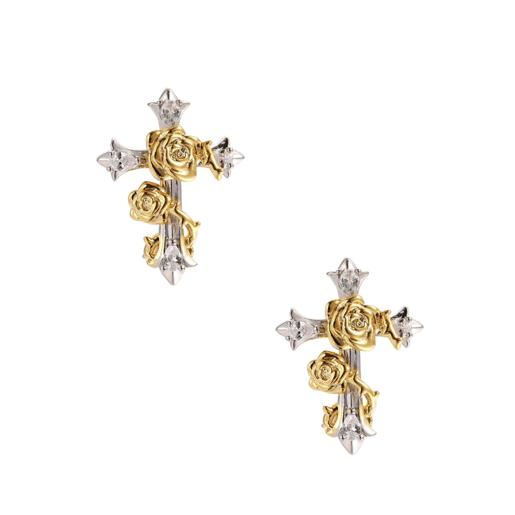 Two-tone cross earrings with gold roses and clear crystals on silver base, gothic romantic style