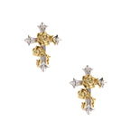Two-tone cross earrings with gold roses and clear crystals on silver base, gothic romantic style