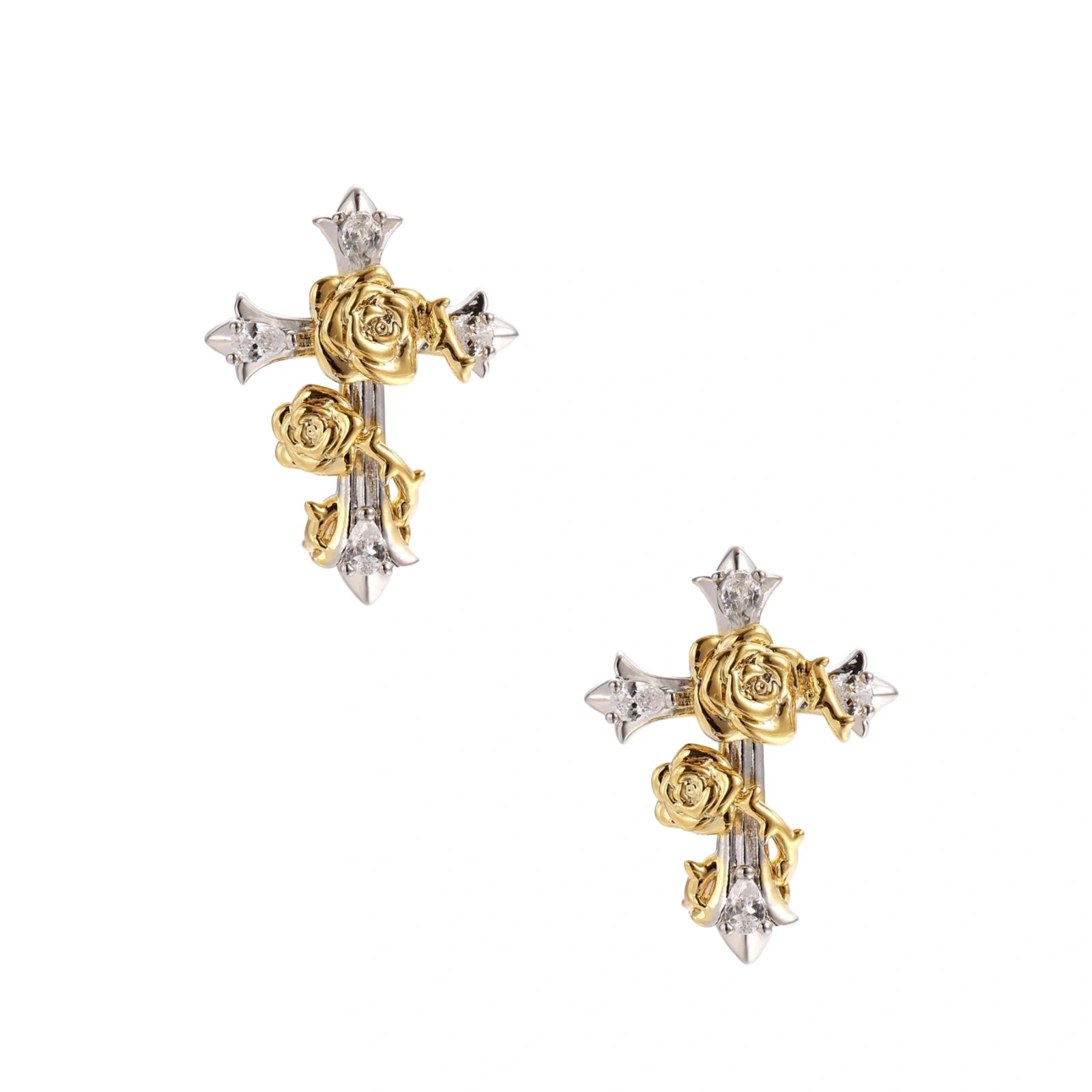 Two-tone cross earrings with gold roses and clear crystals on silver base, gothic romantic style