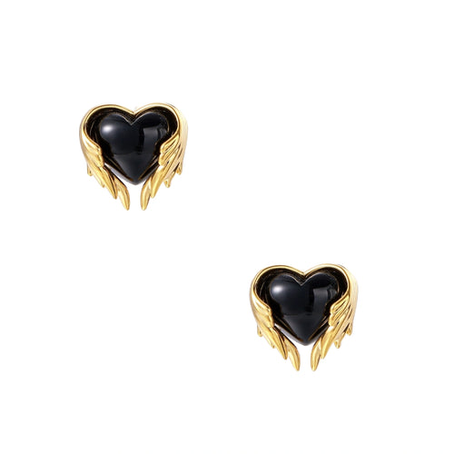 Glossy black heart-shaped studs with gold wing accents on cream background, gothic romantic style earrings