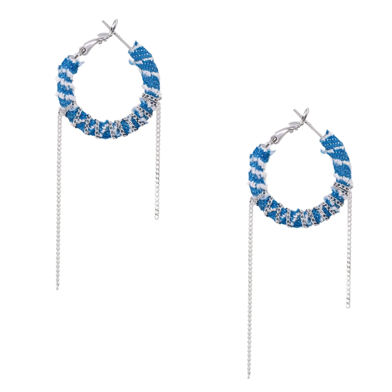 Medium hoop earrings wrapped in blue striped denim fabric with dangling silver chains on white background.