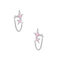 Pair of silver star-shaped ear climbers with pink zirconia stones connected by delicate chains