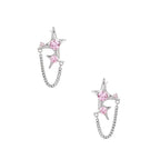 Pair of silver star-shaped ear climbers with pink zirconia stones connected by delicate chains