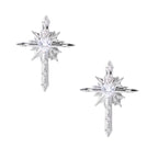 Silver starburst earrings with radiating points and dagger drop design featuring clear zirconia stones