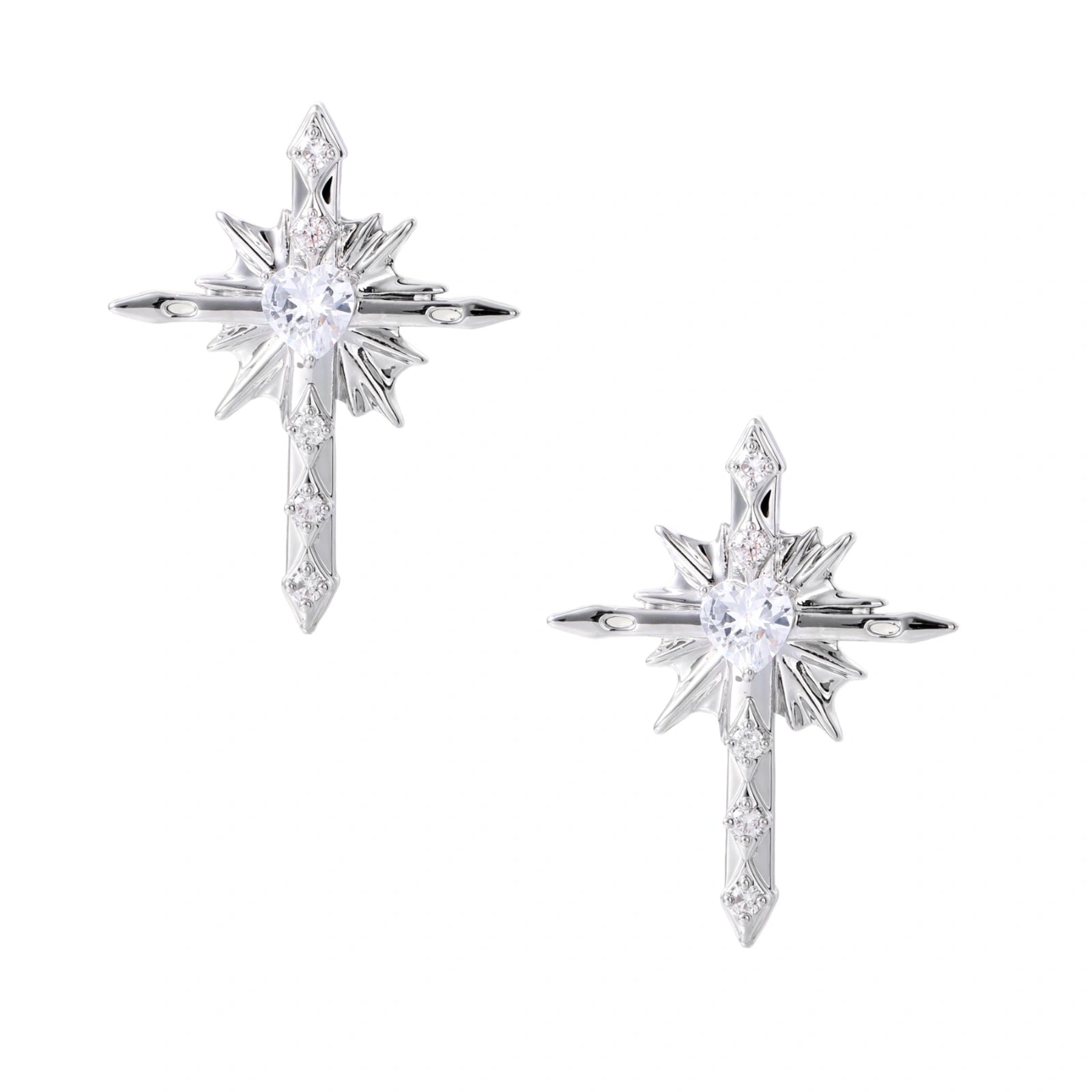 Silver starburst earrings with radiating points and dagger drop design featuring clear zirconia stones