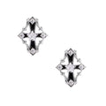 Pair of Art Deco-style stud earrings with star crystals, black enamel accents, and white gold plating on ivory background.