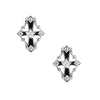 Pair of Art Deco-style stud earrings with star crystals, black enamel accents, and white gold plating on ivory background.