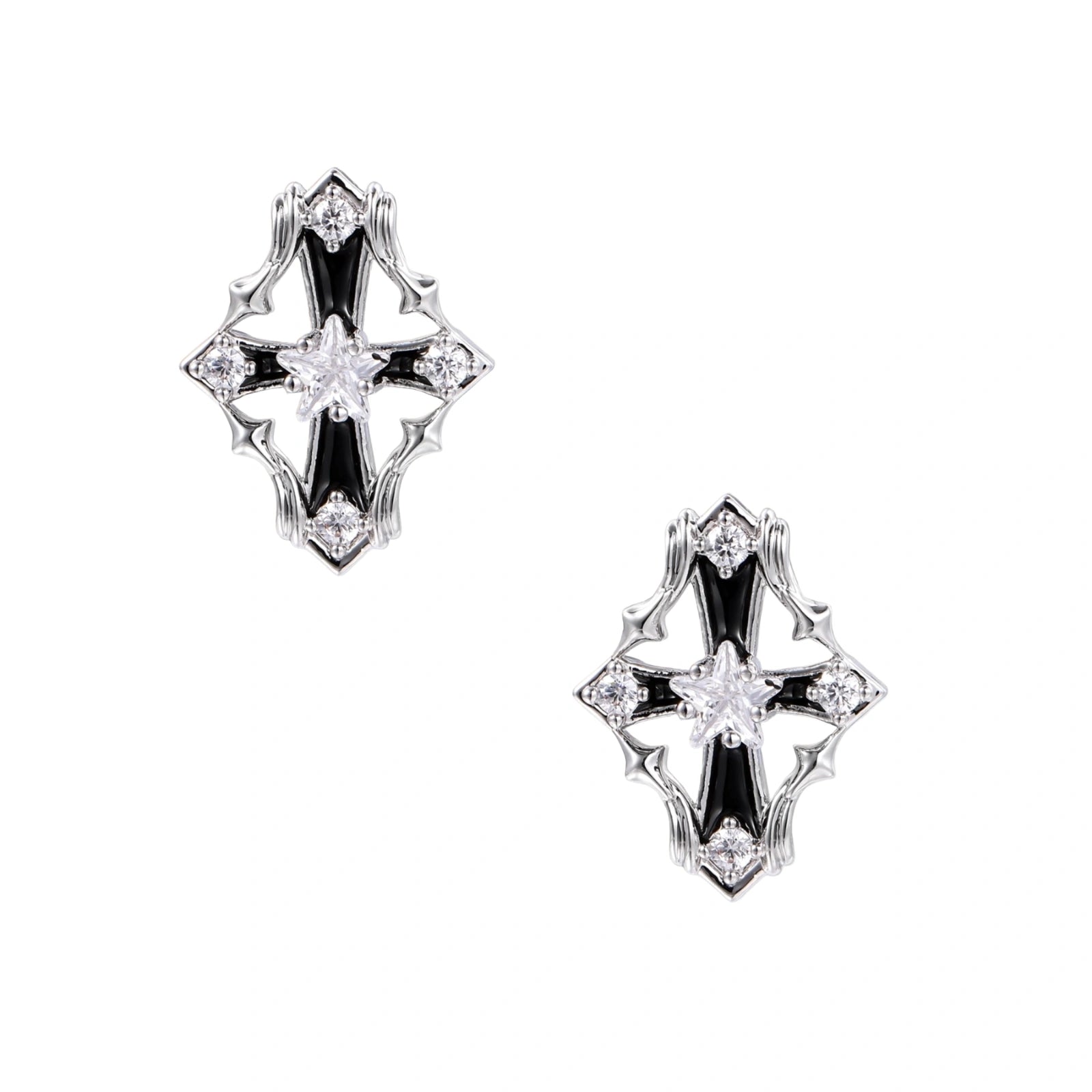 Pair of Art Deco-style stud earrings with star crystals, black enamel accents, and white gold plating on ivory background.