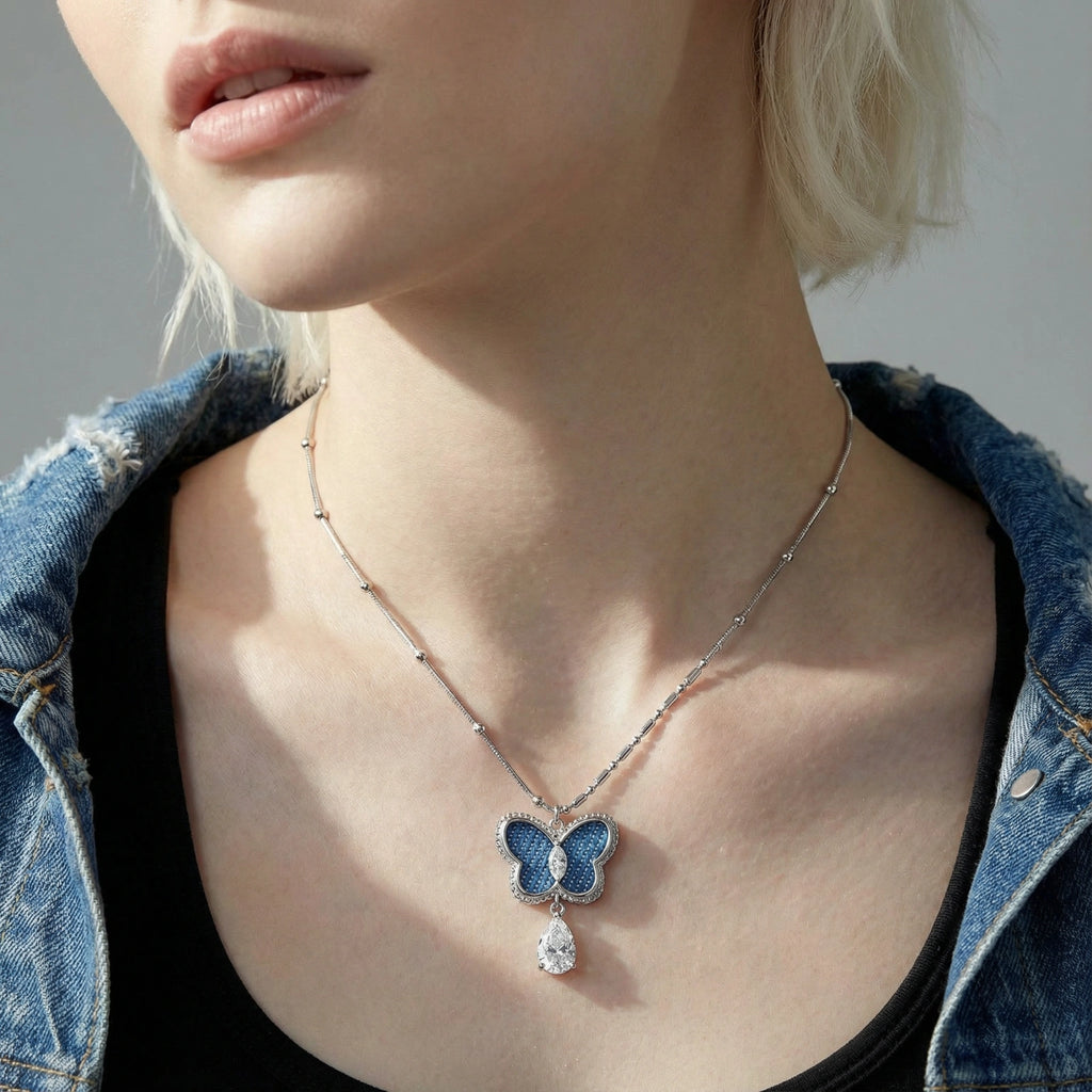 Denim Butterfly Necklace