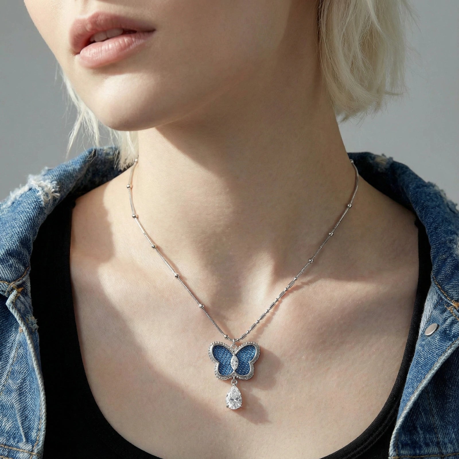 Denim Butterfly Necklace