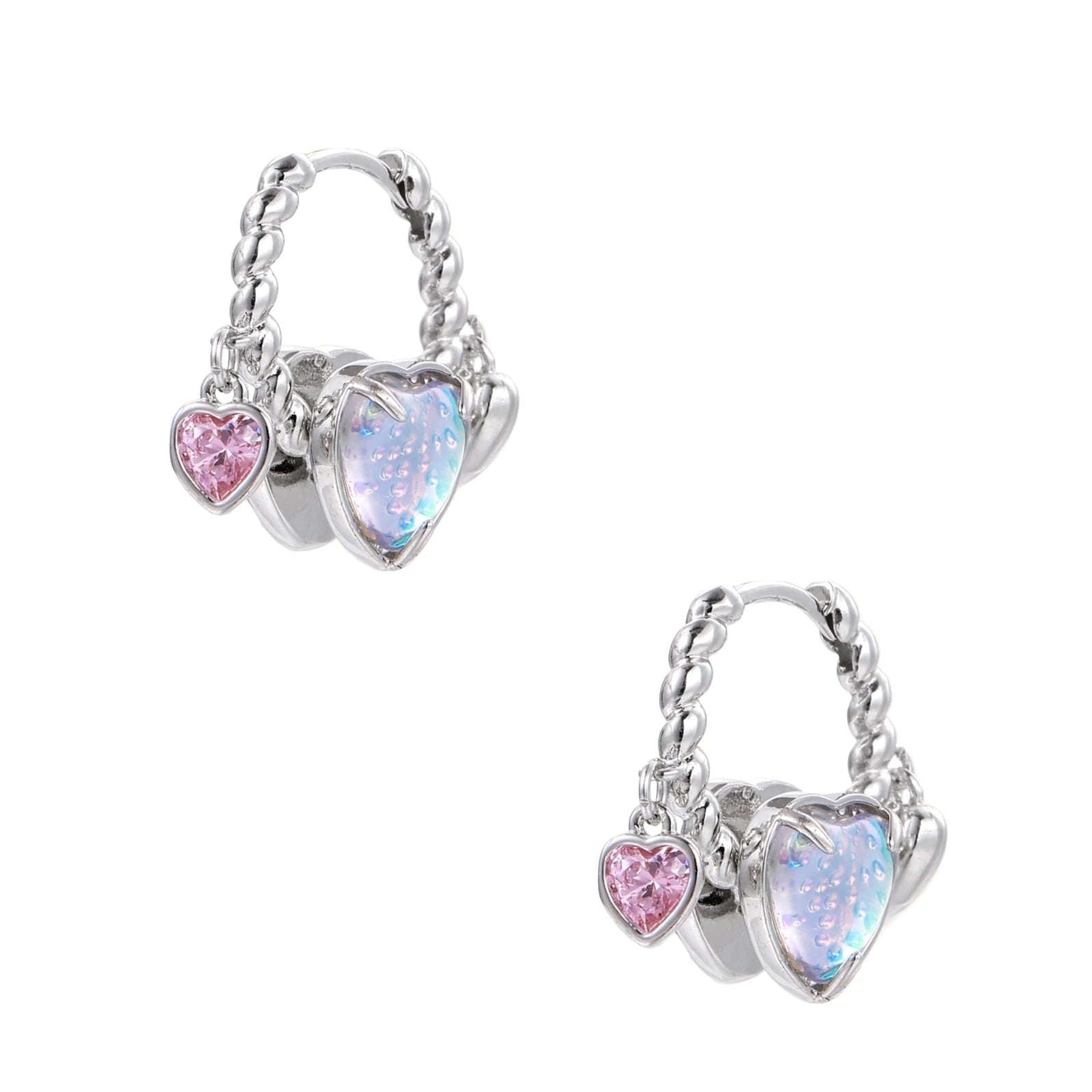 Silver chain hoop earrings with iridescent opal heart charms and pink zirconia accents on white background