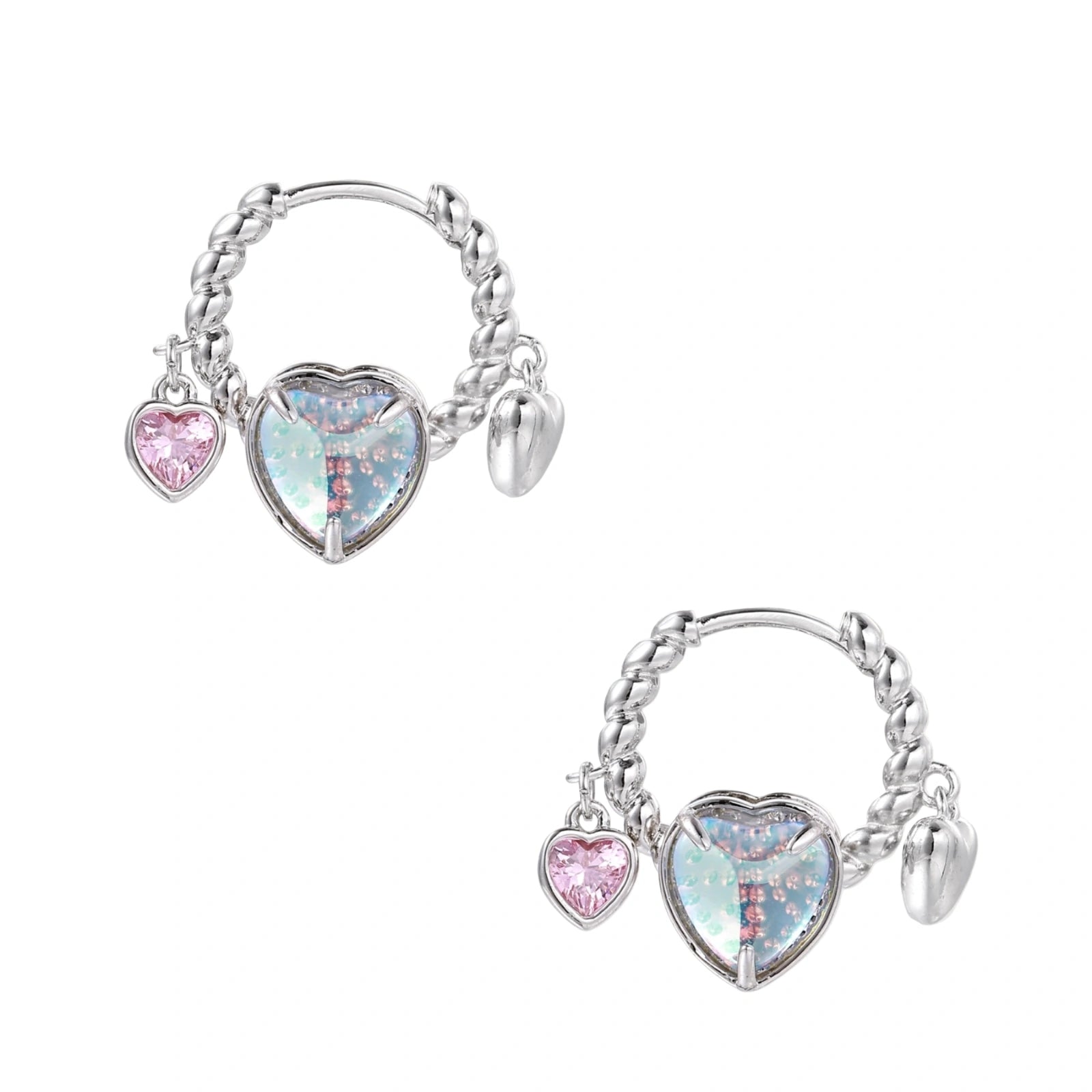 Silver chain hoop earrings with iridescent opal heart charms and pink zirconia accents on white background