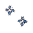 Blue denim fabric flower studs with white gold plated petals, pearl center, and zirconia accents on white background