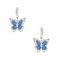 Silver hoop earrings with blue denim butterfly charms outlined in barbed wire design and central zirconia stone
