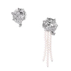 Silver-toned sculptural panther head earrings with zirconia details and white pearl drops on cream background