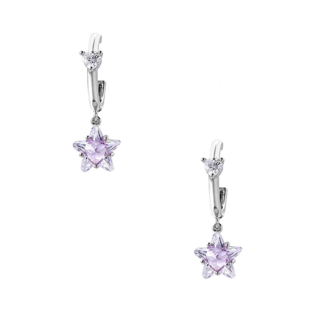 White gold plated huggie earrings with clear CZ accents and dangling lavender star-shaped crystals on cream background