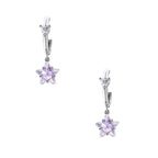 White gold plated huggie earrings with clear CZ accents and dangling lavender star-shaped crystals on cream background
